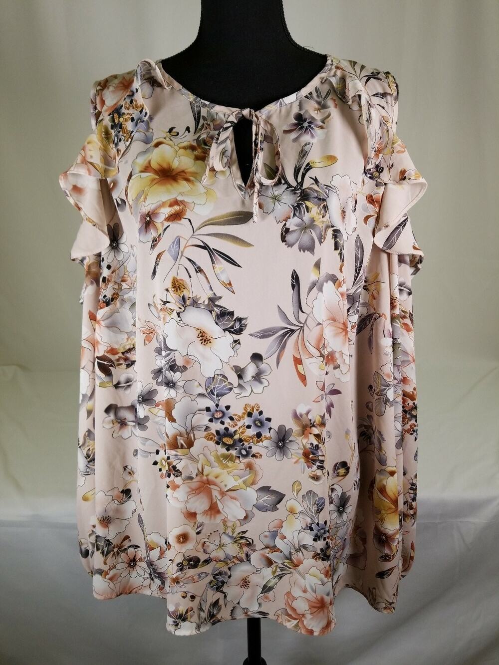 Eliane Rose Women Blouse Floral Tan Cold Shoulder Size 3X Ruffle Bell Sleeve
